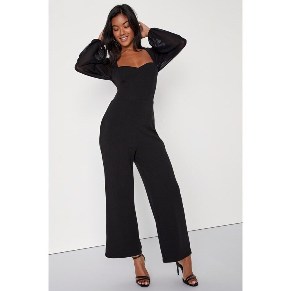 Lulus Perfect Charisma Black Mesh Long Sleeve Wide-leg Jumpsuit - Size S